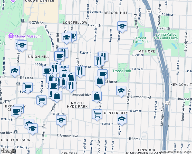 map of restaurants, bars, coffee shops, grocery stores, and more near 3100 Troost Avenue in Kansas City