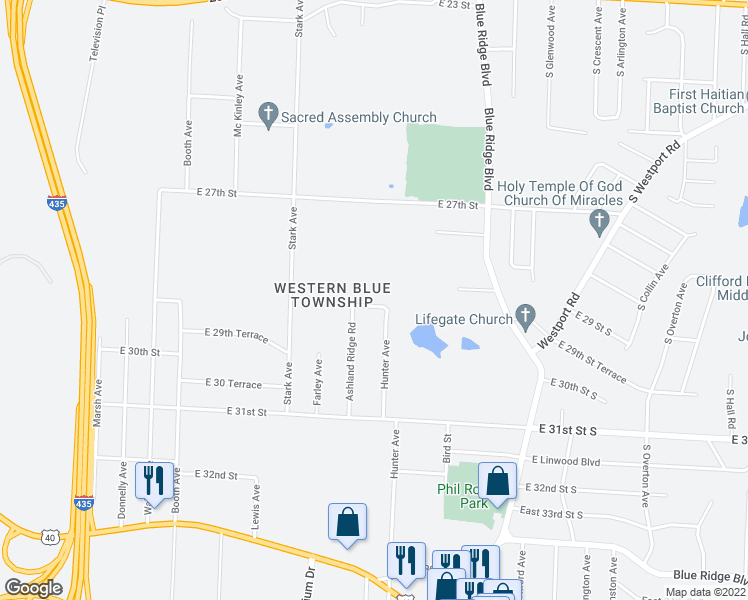 map of restaurants, bars, coffee shops, grocery stores, and more near 8916 East 29th Street in Kansas City