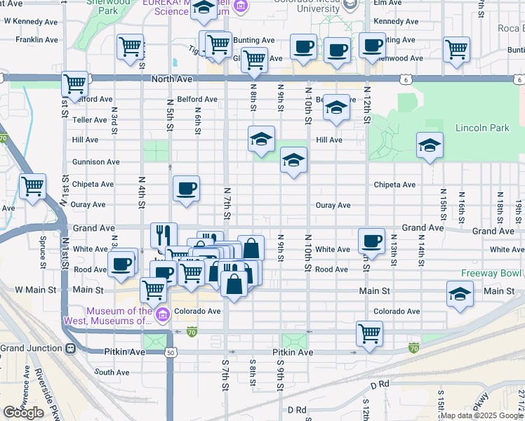 map of restaurants, bars, coffee shops, grocery stores, and more near 401 North 8th Street in Grand Junction