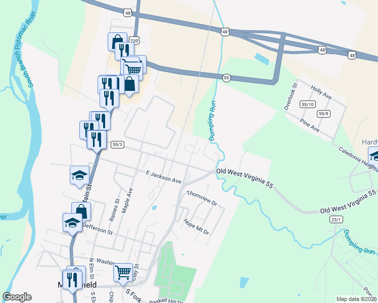 map of restaurants, bars, coffee shops, grocery stores, and more near 418 Spring Avenue in Moorefield