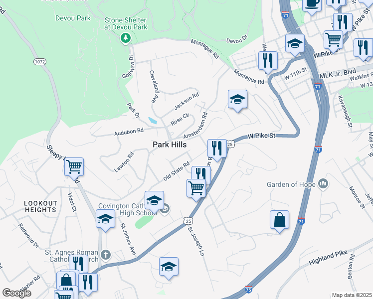 map of restaurants, bars, coffee shops, grocery stores, and more near 1145 Coram Street in Park Hills