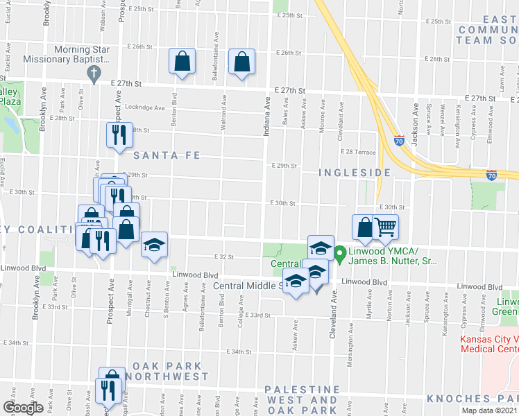 map of restaurants, bars, coffee shops, grocery stores, and more near 3019 Indiana Avenue in Kansas City