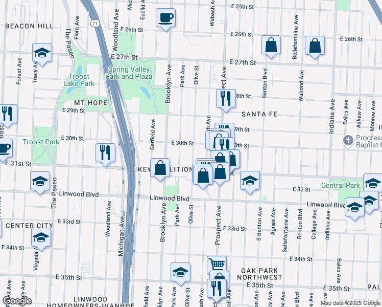 map of restaurants, bars, coffee shops, grocery stores, and more near 3032 Olive Street in Kansas City