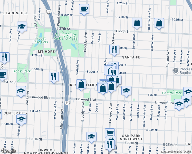 map of restaurants, bars, coffee shops, grocery stores, and more near 3032 Olive Street in Kansas City