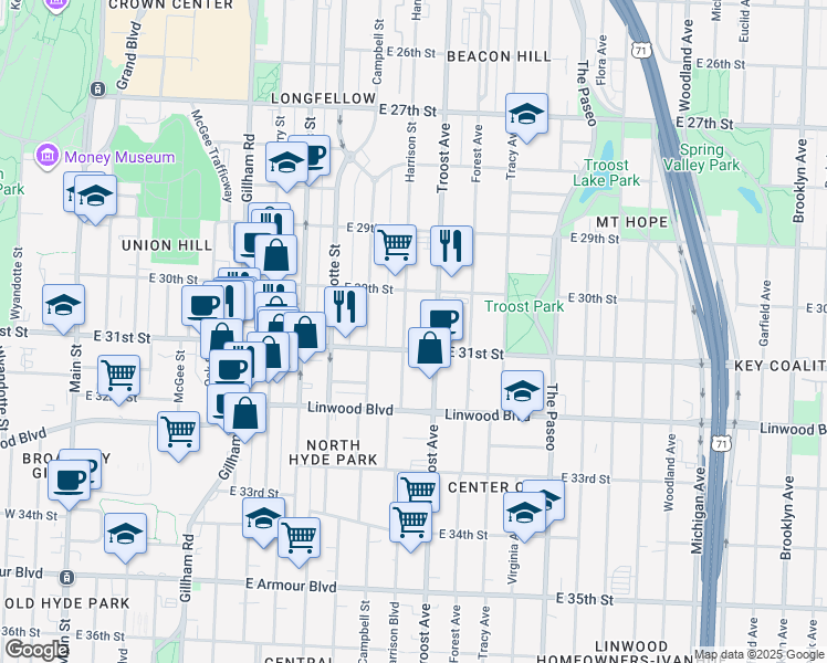 map of restaurants, bars, coffee shops, grocery stores, and more near 3100 Troost Avenue in Kansas City