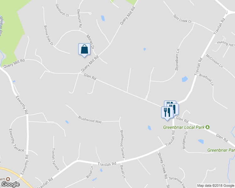 map of restaurants, bars, coffee shops, grocery stores, and more near 13012 Glen Road in North Potomac