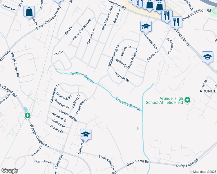map of restaurants, bars, coffee shops, grocery stores, and more near 560 Edwards Drive in Odenton