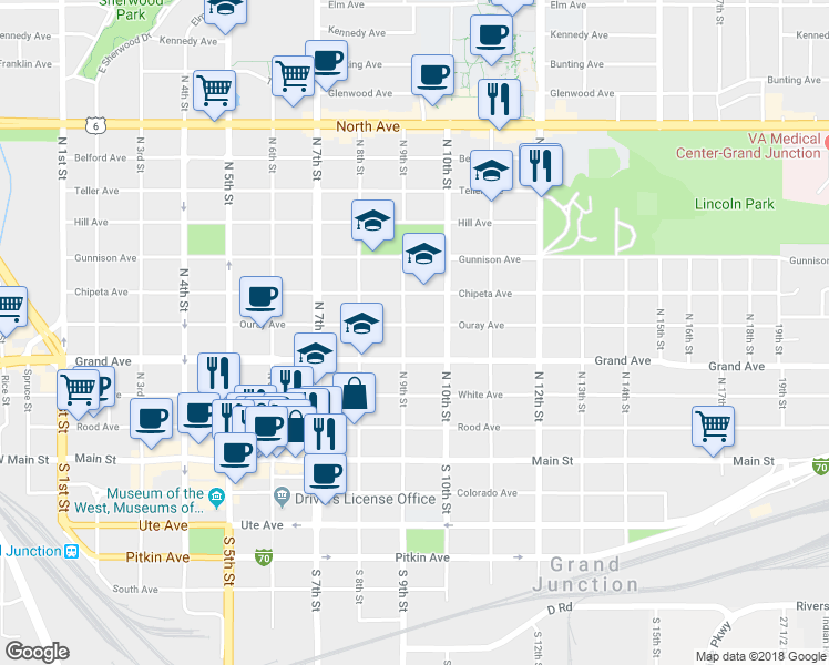 map of restaurants, bars, coffee shops, grocery stores, and more near 909 Ouray Avenue in Grand Junction