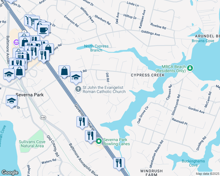 map of restaurants, bars, coffee shops, grocery stores, and more near 669 Dill Road in Severna Park