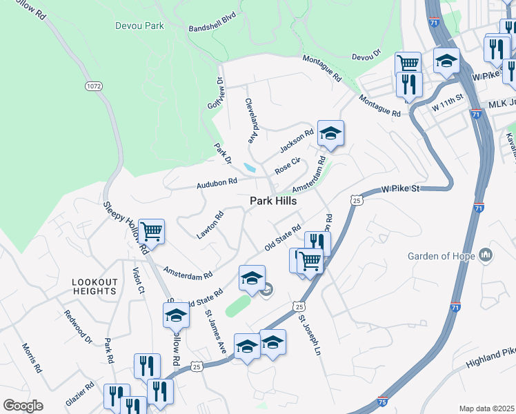 map of restaurants, bars, coffee shops, grocery stores, and more near 915 Alhambra Court in Park Hills