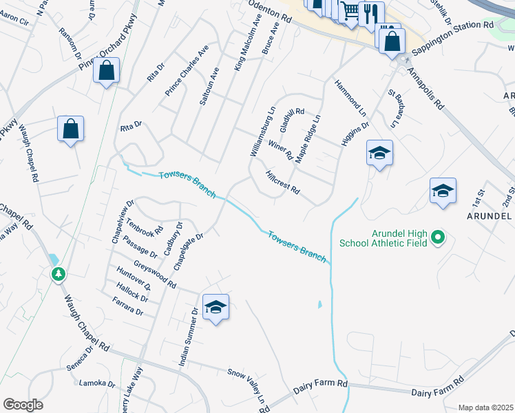 map of restaurants, bars, coffee shops, grocery stores, and more near 560 Edwards Drive in Odenton