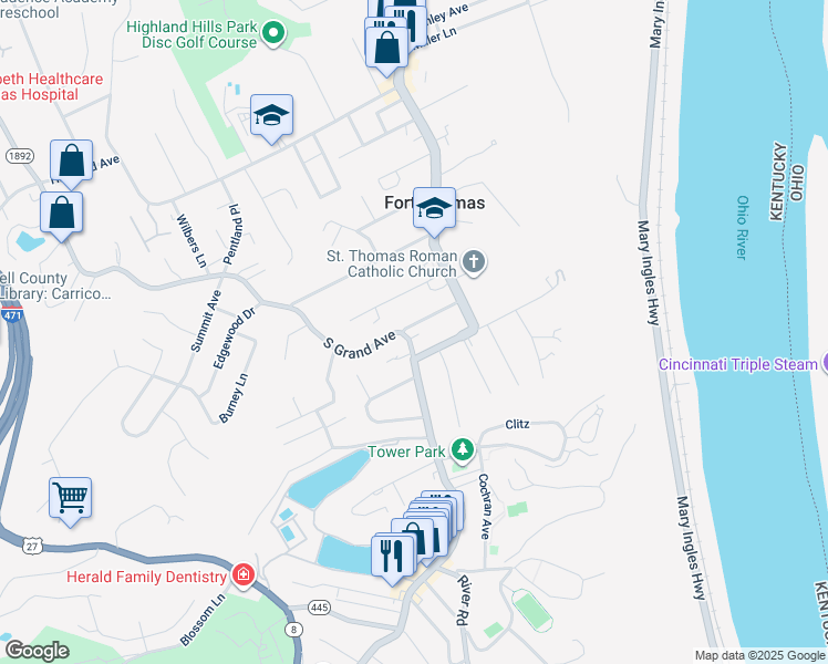 map of restaurants, bars, coffee shops, grocery stores, and more near 44 Klainecrest Avenue in Fort Thomas