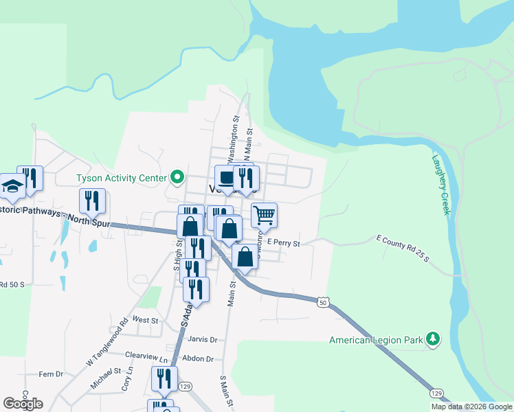map of restaurants, bars, coffee shops, grocery stores, and more near 204 South Main Street in Versailles