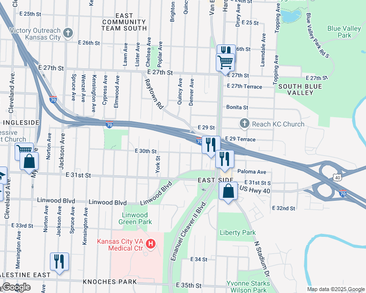 map of restaurants, bars, coffee shops, grocery stores, and more near 5101 East 30th Street in Kansas City