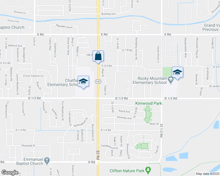 map of restaurants, bars, coffee shops, grocery stores, and more near 453 32 1/8 Road in Clifton