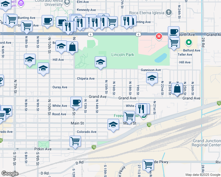 map of restaurants, bars, coffee shops, grocery stores, and more near 404 North 15th Street in Grand Junction