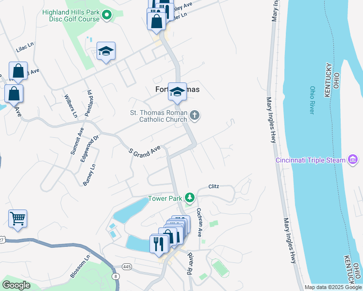 map of restaurants, bars, coffee shops, grocery stores, and more near 640 South Fort Thomas Avenue in Fort Thomas