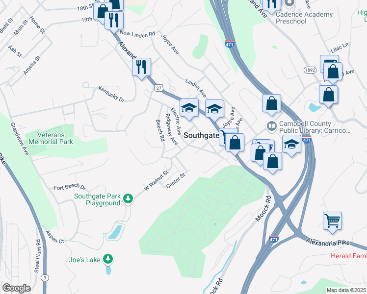 map of restaurants, bars, coffee shops, grocery stores, and more near 116 Maple Avenue in Southgate