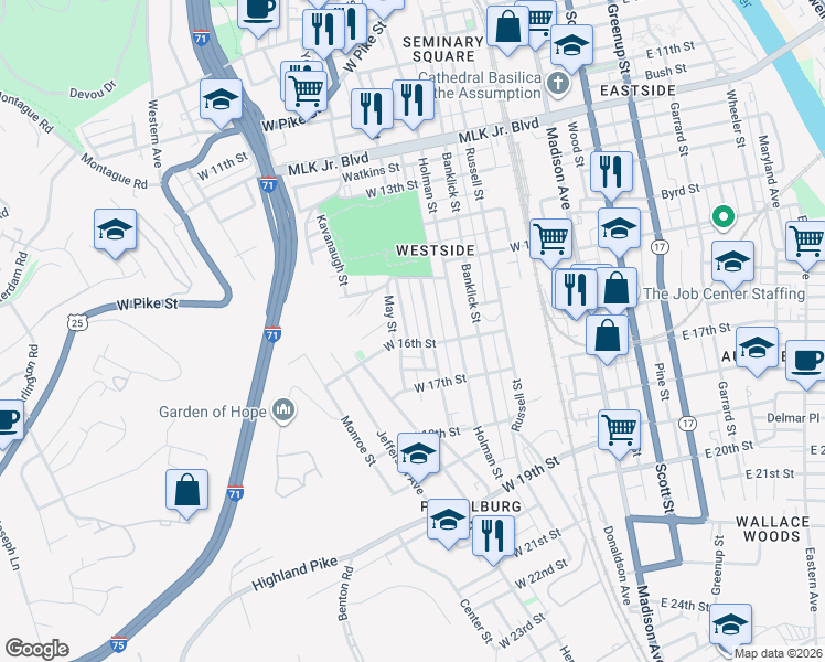 map of restaurants, bars, coffee shops, grocery stores, and more near 1609 May Street in Covington