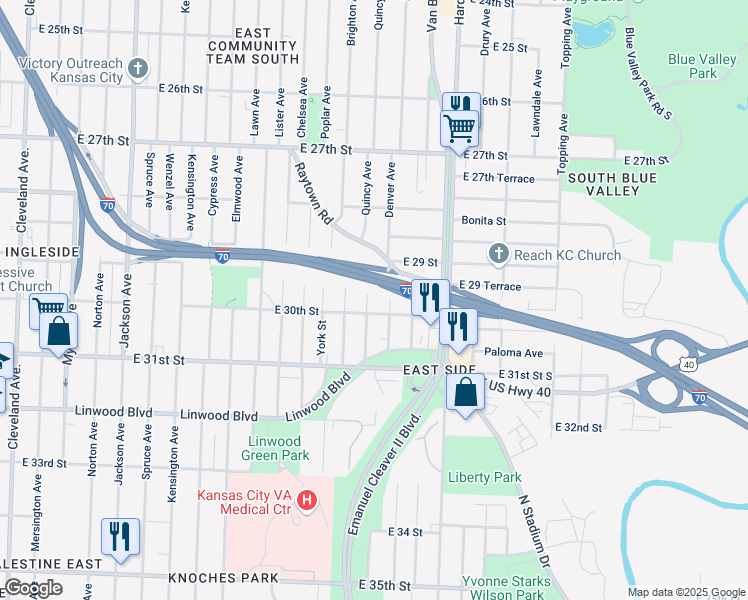 map of restaurants, bars, coffee shops, grocery stores, and more near 5101 East 30th Street in Kansas City