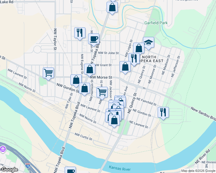 map of restaurants, bars, coffee shops, grocery stores, and more near 1030 NW Jackson St in Topeka