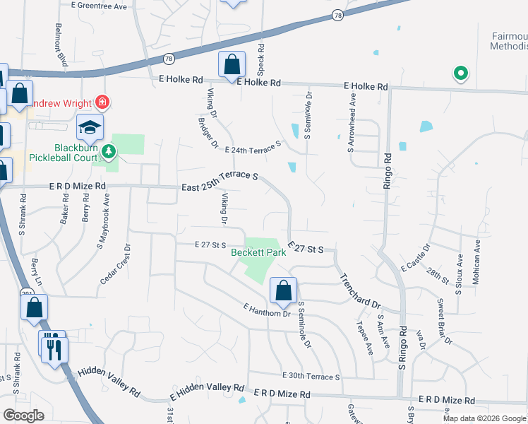 map of restaurants, bars, coffee shops, grocery stores, and more near 18305 East 26th Street Court South in Independence