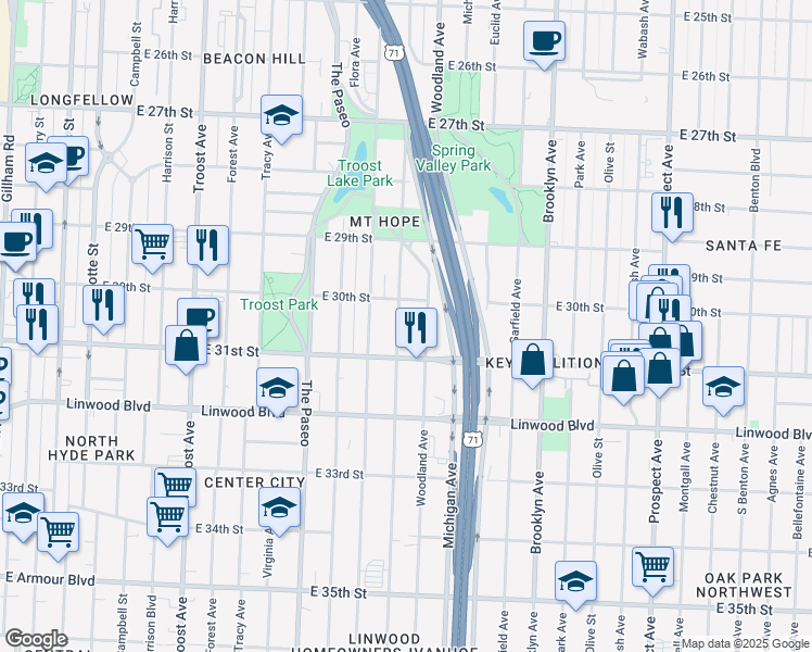 map of restaurants, bars, coffee shops, grocery stores, and more near 3021 Highland Avenue in Kansas City