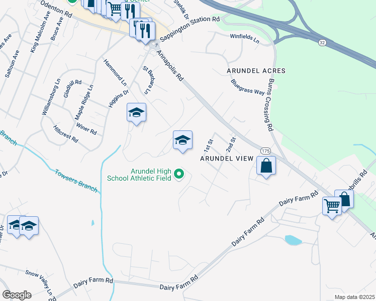 map of restaurants, bars, coffee shops, grocery stores, and more near 1001 Annapolis Road in Gambrills