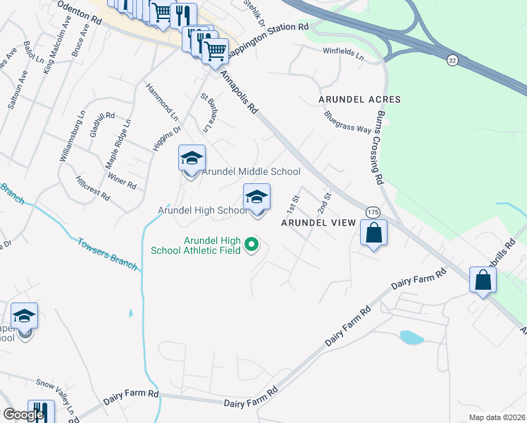 map of restaurants, bars, coffee shops, grocery stores, and more near 1001 Annapolis Road in Gambrills