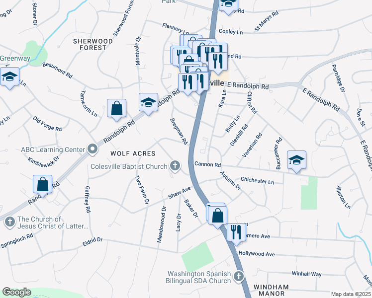 map of restaurants, bars, coffee shops, grocery stores, and more near 13118 New Hampshire Avenue in Silver Spring