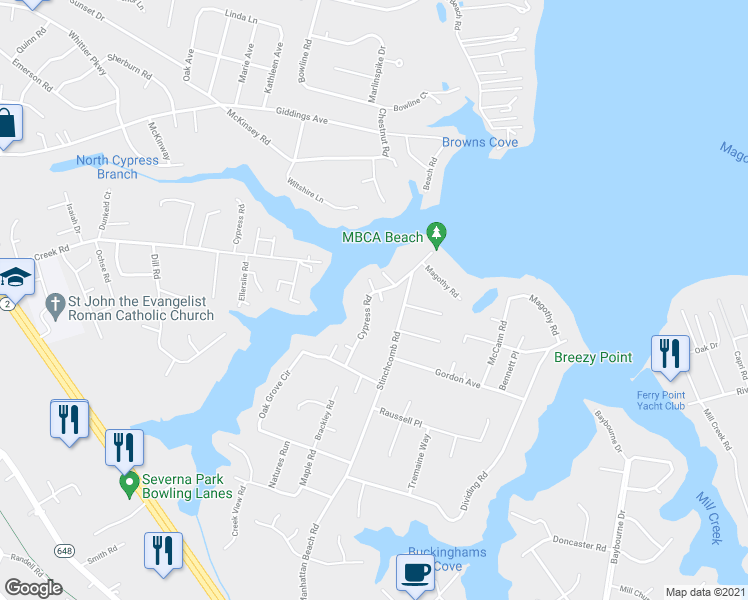 map of restaurants, bars, coffee shops, grocery stores, and more near 735 Cypress Road in Severna Park