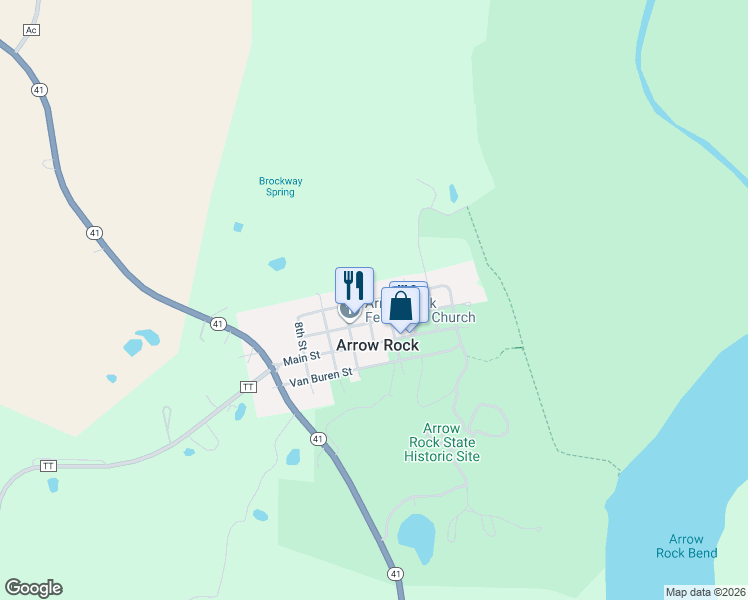 map of restaurants, bars, coffee shops, grocery stores, and more near Morgan Street in Arrow Rock