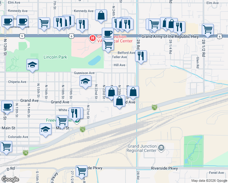 map of restaurants, bars, coffee shops, grocery stores, and more near 516 North 24th Street in Grand Junction
