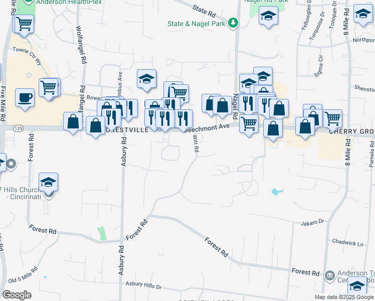 map of restaurants, bars, coffee shops, grocery stores, and more near 1777 Witt Road in Cincinnati