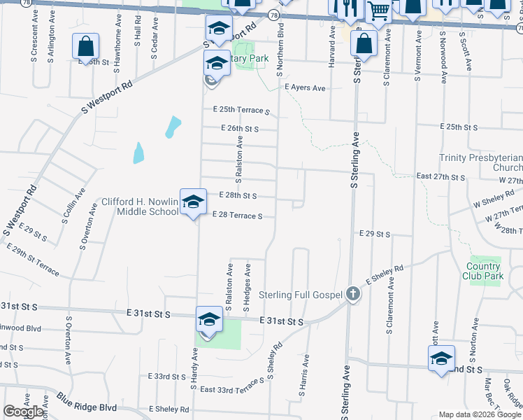 map of restaurants, bars, coffee shops, grocery stores, and more near 10704 East 28th Street South in Independence