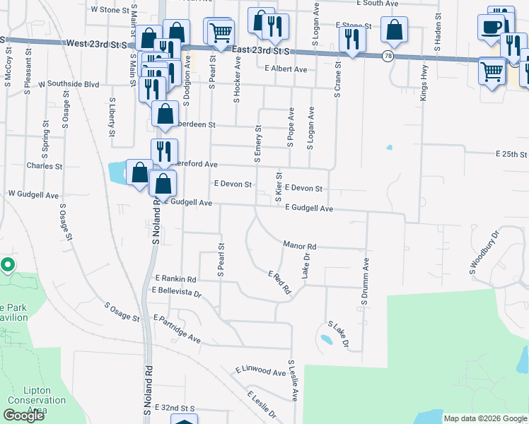 map of restaurants, bars, coffee shops, grocery stores, and more near 603 East Gudgell Avenue in Independence