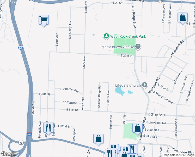 map of restaurants, bars, coffee shops, grocery stores, and more near 2815 Stark Avenue in Kansas City