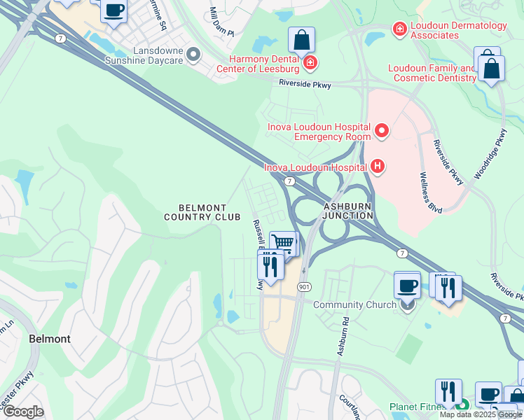 map of restaurants, bars, coffee shops, grocery stores, and more near Sepia Square in Ashburn