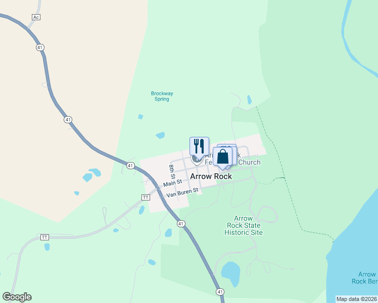 map of restaurants, bars, coffee shops, grocery stores, and more near Morgan Street in Arrow Rock