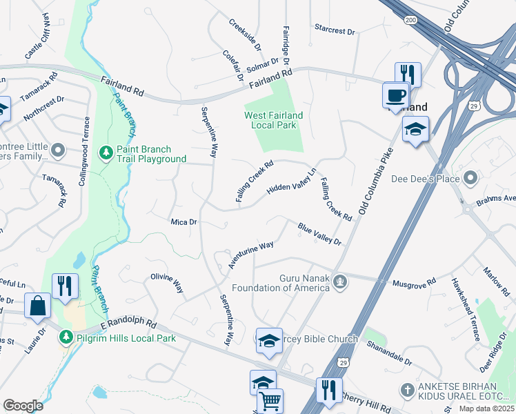 map of restaurants, bars, coffee shops, grocery stores, and more near 2141 Hidden Valley Lane in Silver Spring