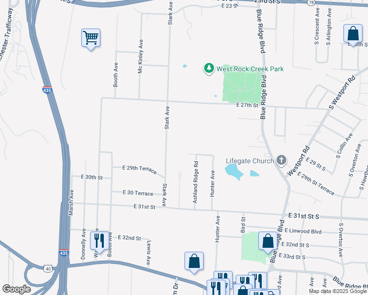 map of restaurants, bars, coffee shops, grocery stores, and more near 2815 Stark Avenue in Kansas City