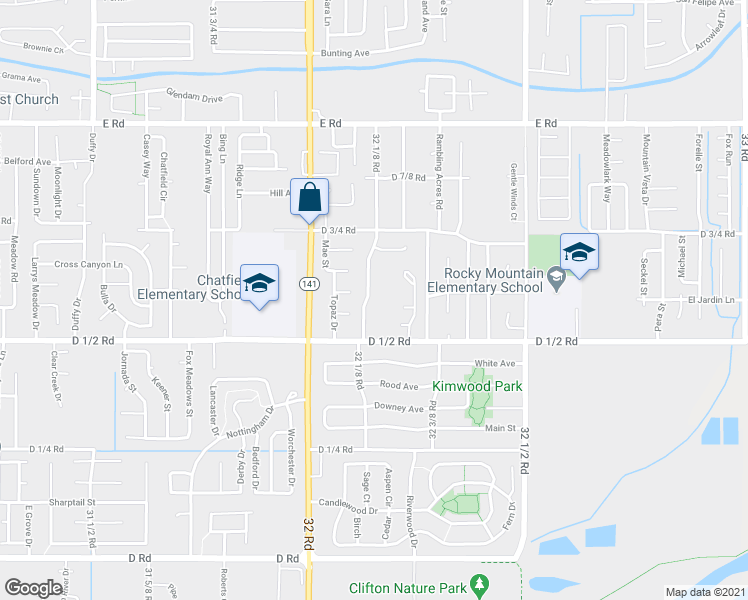 map of restaurants, bars, coffee shops, grocery stores, and more near 464 1/2 32 1/8 Road in Clifton