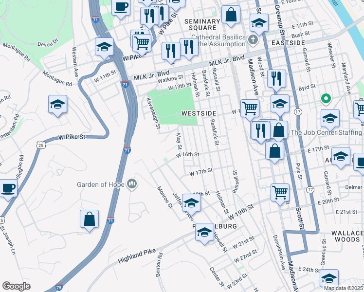 map of restaurants, bars, coffee shops, grocery stores, and more near 1523 Saint Clair Street in Covington