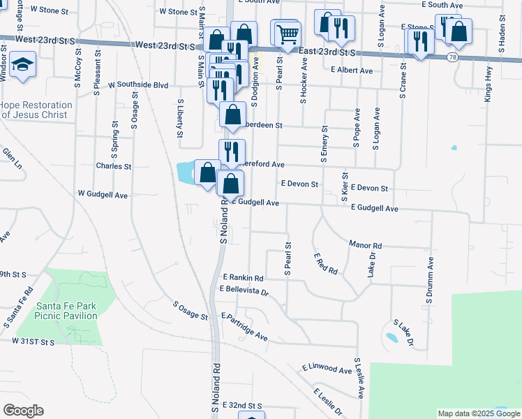map of restaurants, bars, coffee shops, grocery stores, and more near 320 East Gudgell Avenue in Independence