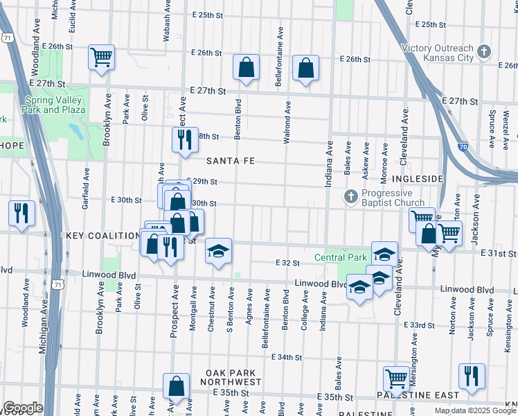 map of restaurants, bars, coffee shops, grocery stores, and more near 2926 East 30th Street in Kansas City