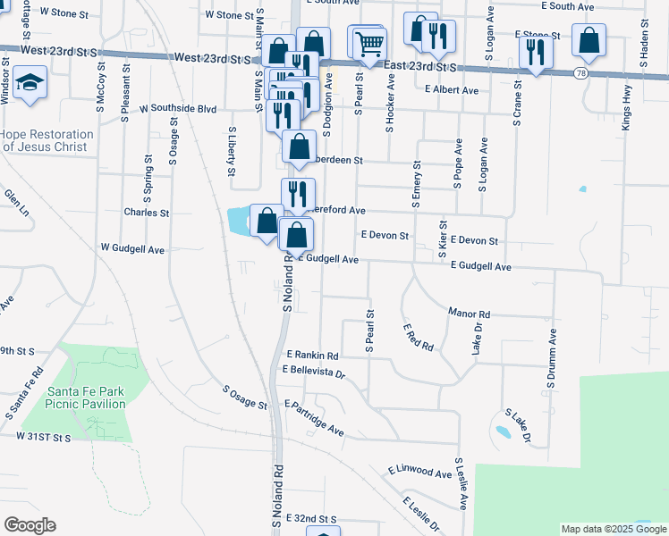 map of restaurants, bars, coffee shops, grocery stores, and more near 320 East Gudgell Avenue in Independence