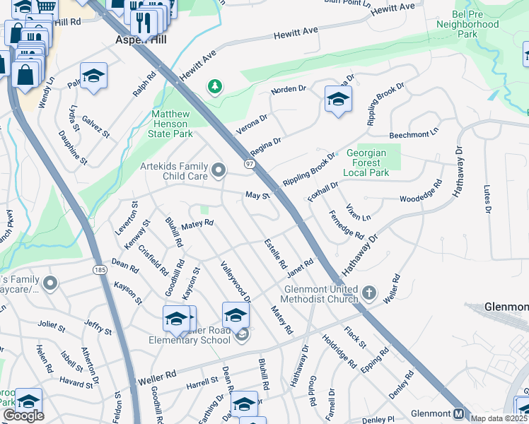 map of restaurants, bars, coffee shops, grocery stores, and more near 3313 Estelle Terrace in Silver Spring
