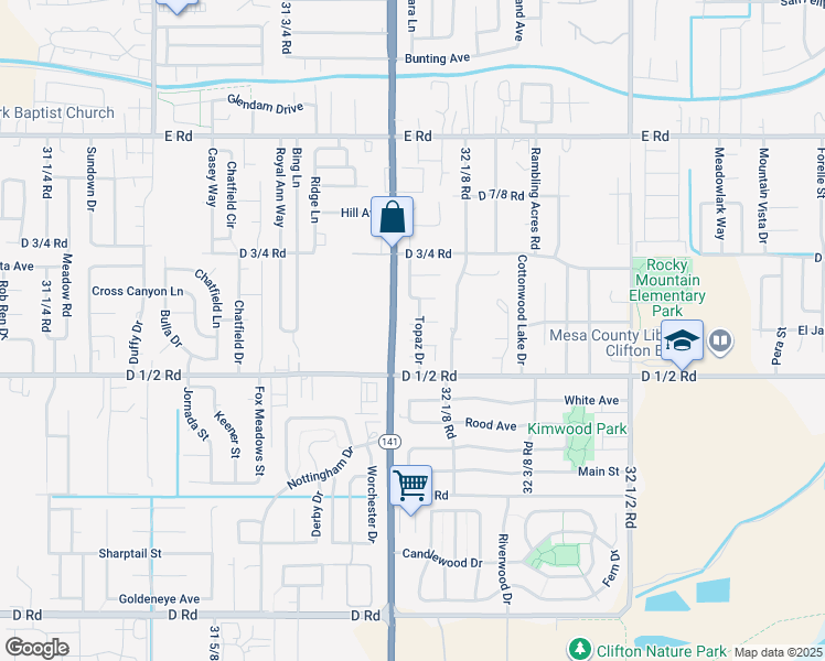 map of restaurants, bars, coffee shops, grocery stores, and more near 459 Topaz Drive in Clifton
