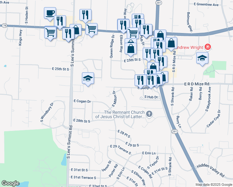 map of restaurants, bars, coffee shops, grocery stores, and more near 16500B East Gudgell Road in Independence