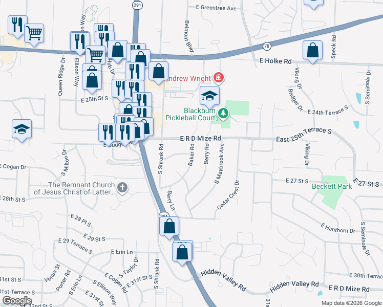 map of restaurants, bars, coffee shops, grocery stores, and more near 17201 East R D Mize Road in Independence